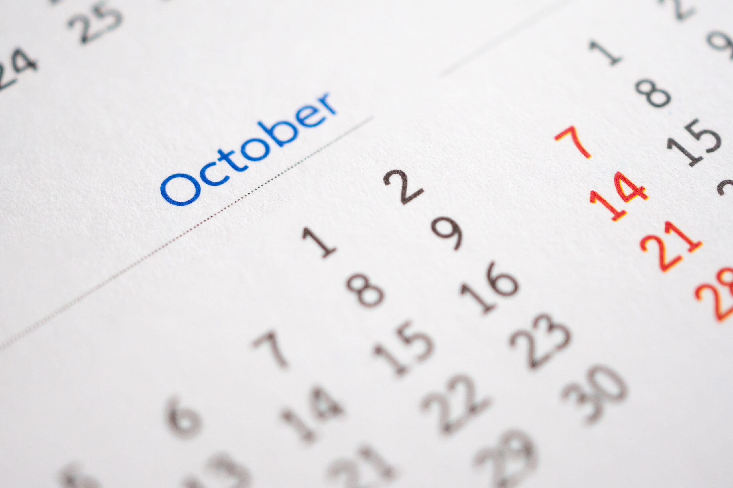 October calendar page with months and dates business planning ap